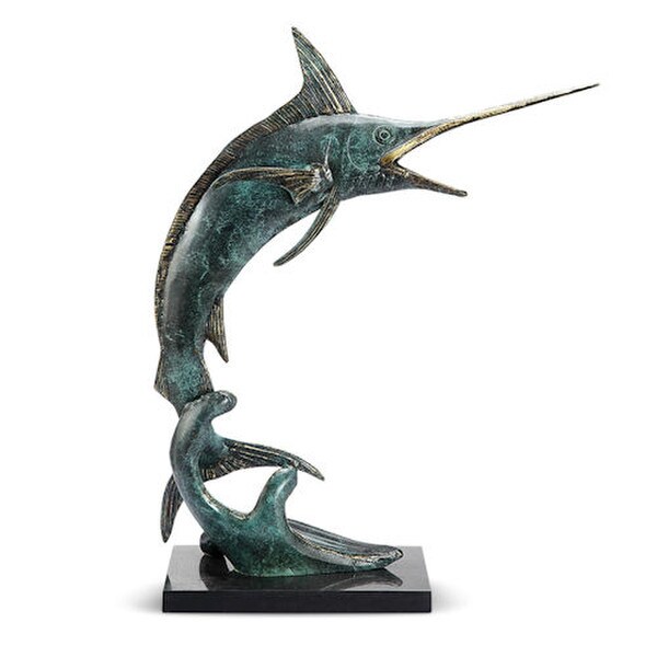 Marlin Statue Brass Mounted to Marble Base Sculpture Trophy Predatory